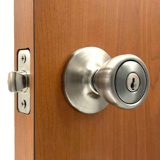 Contractor-Grade Entry Lock - Satin Nickel | MFS Supply - 3/4 View Outside of Door